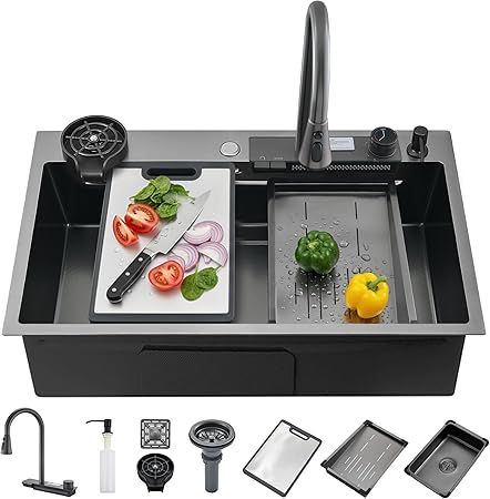 34" Waterfall Kitchen Sink Dark Gray 3D Nano Stainless Steel Single Bowl Kitchen Sink with Pull Down Faucet & Multiple Accessories