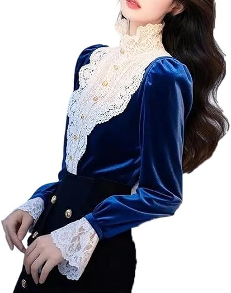 Women's French Ruffle Blouse with Patchwork Detail Long Sleeve Button-Down Shirt Warm Lined Tops