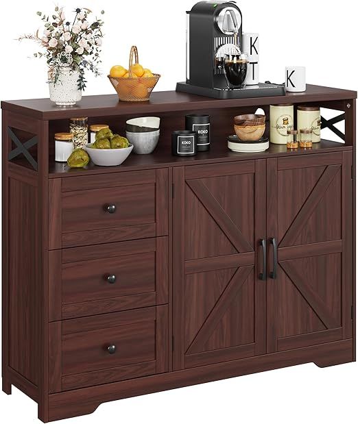 Dark Brown Farmhouse Storage Cabinet with Doors & Drawers, Sideboard Buffet Cabinet with Storage, Kitchen Pantry Hutch, Coffee Bar Station Table for Kitchen, Livingroom, Dining Room