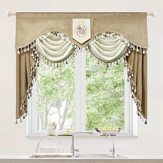 Luxury Brown Floral Waterfall Swag Valance for Living Room Bedroom Windows European Design Rod Pocket Top (150 cm, 1 Panel)