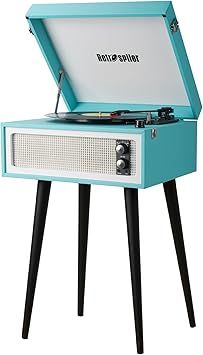 Standing Record Player with Legs, 3 Speed Vinyl LP Player Bluetooth Vintage Turntable with Built-in Speakers USB Input& Recorder, RCA Out, AUX in, Turquoise