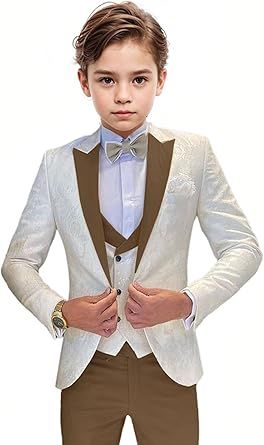 Boys Tuxedo Suit Jacquard Slim Fit 3 Piece Kids Tuxedo Suits for Boys Formal Wedding Suit Blazer Vest Pants