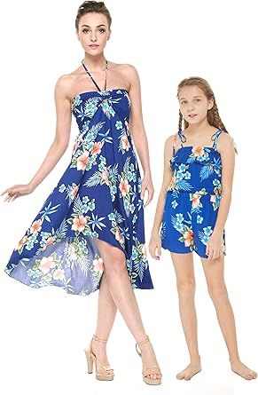 Matching Hawaiian Luau Mother Daughter Dress and Romper in Pink White Hibiscus Vine