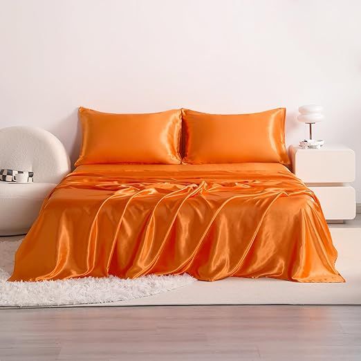 Twin XL Size 4-Piece Sheet Set Premium 30 Momme Mulberry Silk Bed Sheets Set Fits 23-26" Deep Pocket (Solid, Orange)
