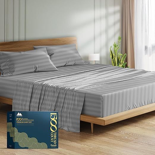 Mayfair Linen King Sheet Set Egyptian Cotton - 1500 Thread Count 4 PC Damask Egyptian Cotton Sheets King Size, Cooling High Thread Count Deep Pocket Sheets, Fits Upto 19" Pocket - Dark Grey Stripe