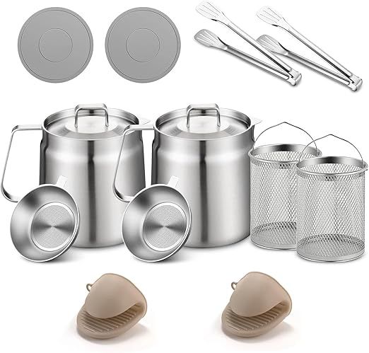 Stainless Steel Oil Filter Pot 68oz 304 Stainless Steel Oil Strainer Pot, Large Capacity Kitchen Container Can, with and Anti-Scalding Mat(Silver 2pc) Brand: UXALoH6
