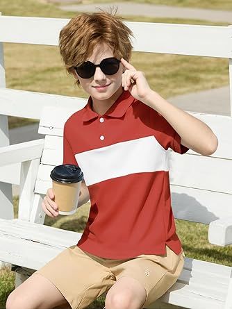 Haloumoning Boys Short Sleeve Pique Polo Shirts Kids Color Block School Uniform Shirt 5-14 Years