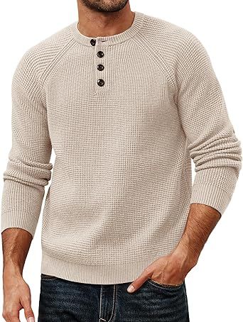 PJ PAUL JONES Mens Sweaters Casual Waffle Pullover Sweater Button Crewneck Textured Knit Henley Sweaters