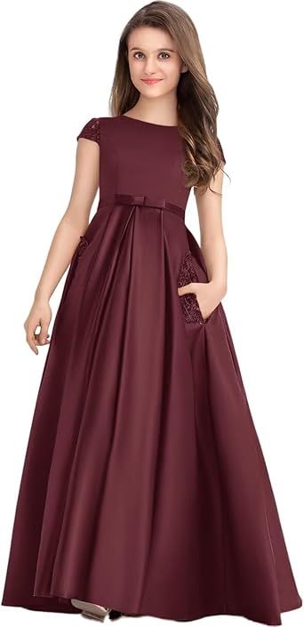 Princess Long Lace Satin Junior Bridesmaid Dress Flower Girl Dress