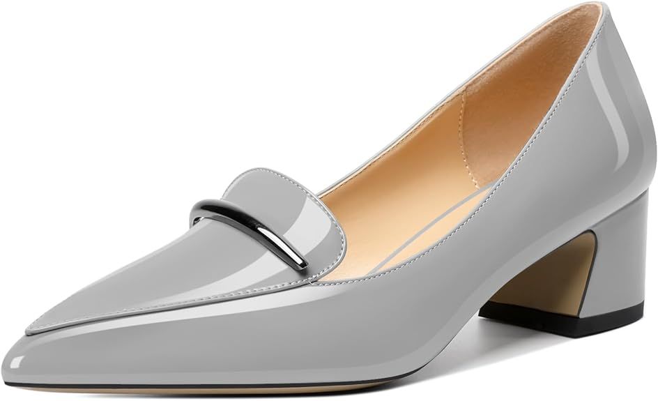 Soireelady Womens Block Heel Low Chunky Heels, Pointed Toe Loafer Heels Slip On Dress Shoes 2''
