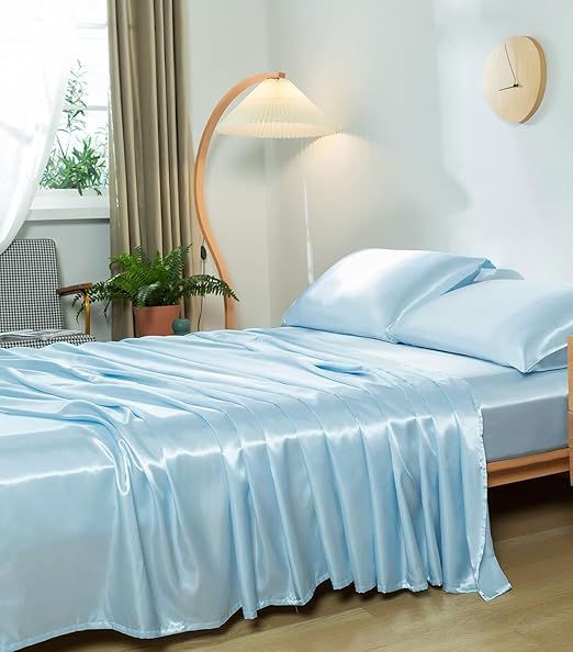 100% Mulberry Silk Sheet Set - 22 Momme Grade 6A, 16-18 Inch Deep Pocket, Indulgent Sheets for Dreamlike Comfort, Full XL-Light Blue