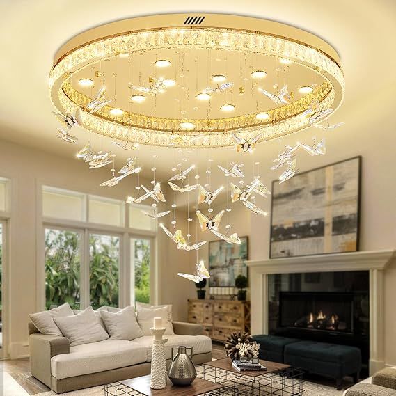 Butterfly Chandelier Gold 40in Modern Crystal Raindrop Chandelier Lighting Flush Mount Ceiling Chandeliers for Living Room 15XGU10