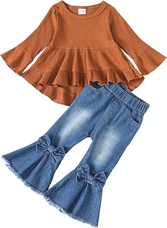 Kucnuzki Toddler Baby Girls Clothes Long Sleeve Shirt Top Flare Denim Jeans Cute Outfit Baby Girl Fall Winter Clothes