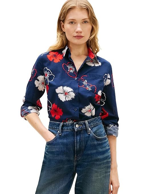 Tommy Hilfiger Womens Cotton Poplin Long Sleeve Button Down Shirt in Regular Fit with Roll Up Sleeve