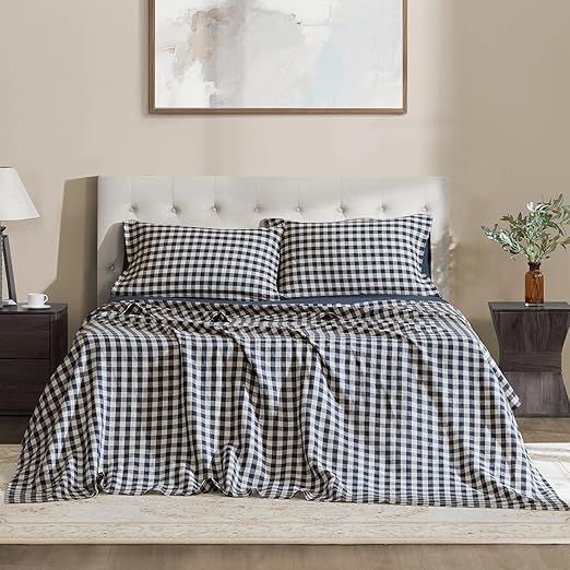 DAPU Linen Sheets Full,Yarn Dyed Gingham Check Plaid 100% Washed Linen Bedding with Envelope Closure,4 PCs Soft Linen Sheets Set,Geometric Checkered Pattern in Navy Blue & White,Full Size