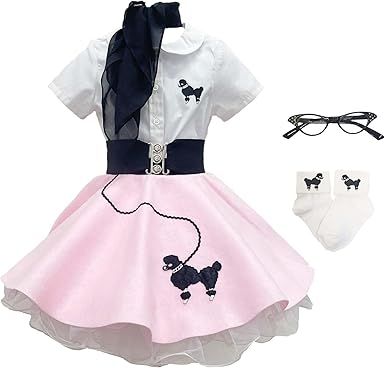 Hip Hop 50's Shop Toddler Poodle Skirt Costume Outfit 7 Piece Set for Girls with Skirt Slip Shirt Glasses Scarf Socks Belt