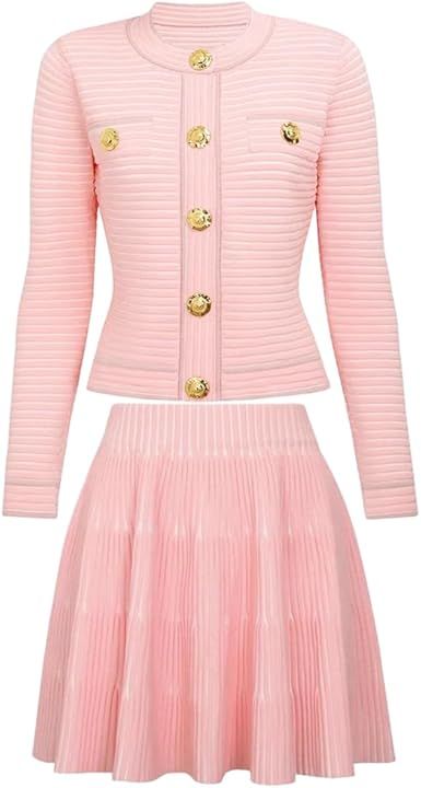 Women Classic O-Neck Long-Sleeve Cardigan Skirt Set for Two-Piece Set