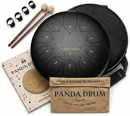 Plus (Black) | Steel Tongue Handpan with Music Book, Mallets, Carrying Bag & Finger Picks | 11 inch, 432 Hz | Rain Drum for Inside & Outside | Calming Musical Instrument for Adults & Kids