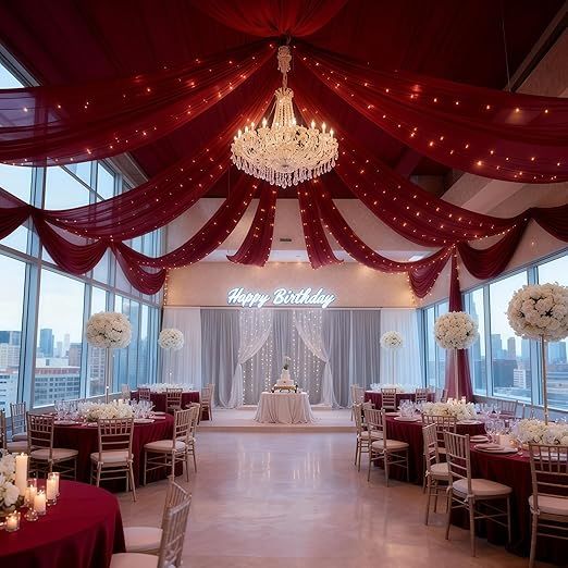 6 Panels Burgundy Ceiling Curtains with Lights for Weddings - 5ftx30ft Wrinkle-Free Tulle Fabric Wedding Arch Draping Ceiling Drapes Decorations for Wedding Party Ceremony Stage Tent Event