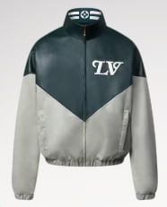 Leather tracksuit jacket with graphic print.