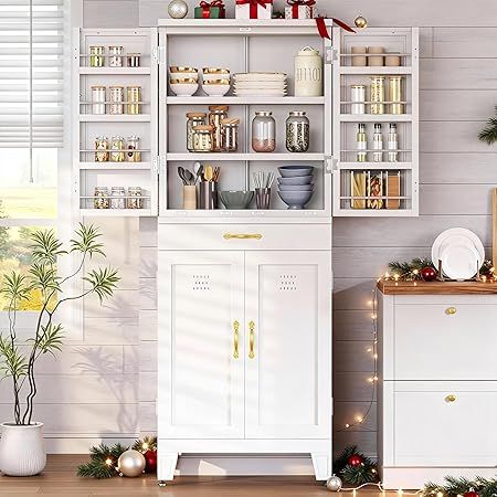 DWVO Metal Storage Cabinet, 71" Kitchen Pantry Cabinet with 4 Door & 4 Adjustable Shelves & Drawer & Door Rack, 6-Tier Tall White Steel Cabinets for Kitchen, Living Room, Dining Room