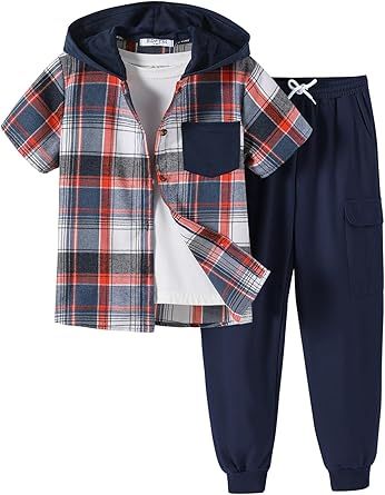2Pcs Boys Clothes Outfits Plaid Short Sleeve Hooded Button Shirt and Jogger Pants for Kids Spring Summer Pants Set