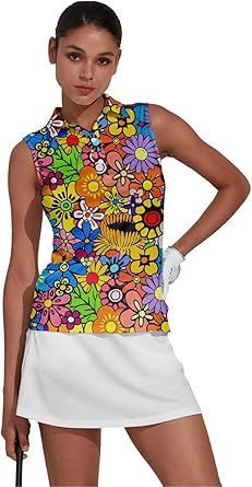 ACEGOLFS Women's Golf Shirts Sleeveless Collared Shirt for Women Quick Dry Button Up Tennis T-Shirt Printed Workout Tank Tops