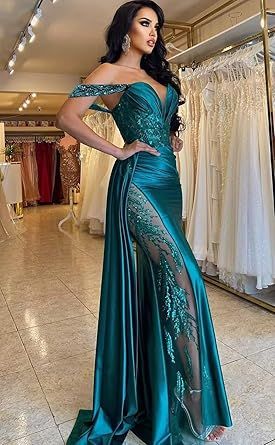 Homdor Off Shoulder Satin Prom Dresses Long 2026 Beaded Formal Dresses Pleated Evening Party Gown with Slit Tail