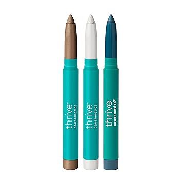 Thrive Causemetics Brilliant Eye Brightener Eyeshadow Stick Bundle for Brown Eyes, 3 Shades, Waterproof & Crease Proof Cream to Powder Long Lasting Formula, 3 Shadow Sticks & Confetti Makeup Bag