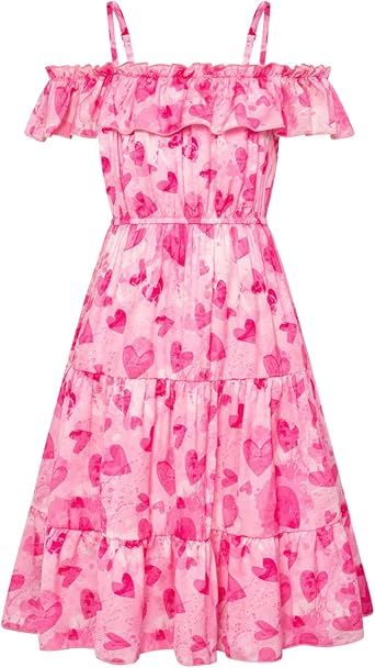 GRACE KARIN Girls Summer Dress Off Shoulder Ruffle Floral Spaghetti Strap Casual Sundress Tiered Midi Dress