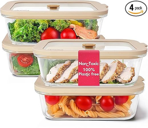 Non-Toxic 35 Oz (4.4 Cup) Glass Storage Containers with Lids – Plastic Free Meal Prep Containers for Lunch, Airtight Food Storage, Microwave and Freezer Safe, 4 Pack - Ziruma