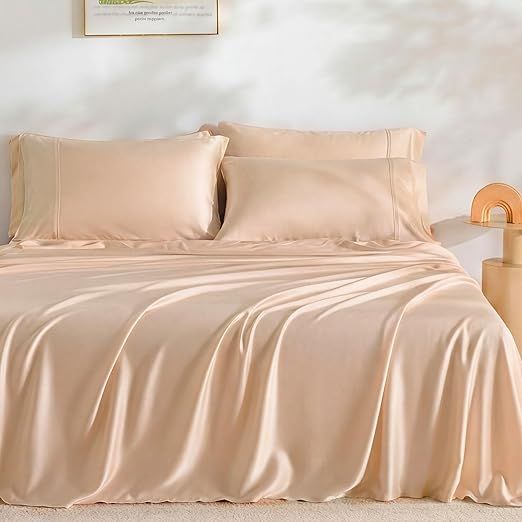 GOKOTTA Twin XL Sheet Set 3 Pcs, 100% Rayon Derived from Bamboo Sheets, Cooling Sheets for Hot Sleepers, 15 Inch Deep Pocket Twin XL Size Bed Sheets with Elastic Corner Straps, Silky Soft -Cream Peach