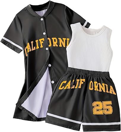 Hilinker Girls 3 Piece Outfits Graphic Tank and Short Sleeve Cardigan with Shorts Set