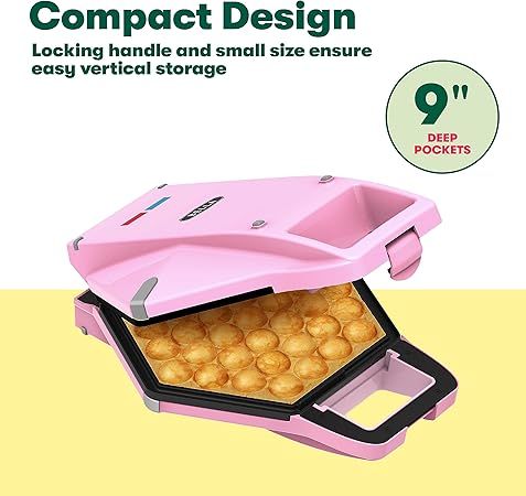 bella Bubble Waffle Maker for Hong Kong Style Breakfast Dessert 9" Waffles, Keto Chaffles Iron with Non-stick PFOA Free Iron Plates for Easy Cleaning and Food Release, Cone Rack Included, Pink