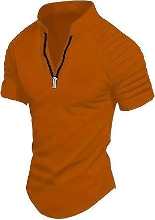 Men's Lapel Shirt Sports Solid Color Standing Collar Pleated Zipper Breathable Casual Top Short Sleeve