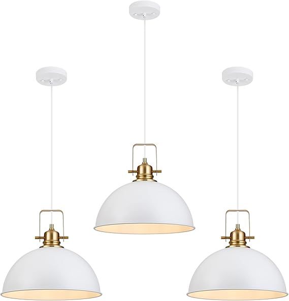 Farmhouse Pendant Light, 13.8" White Pendant Light Kitchen Island with Adjustable Cord, Vintage Dome Hanging Lights for Dining Room Cafe Bar Hallway Worktops, M, 3 Pack