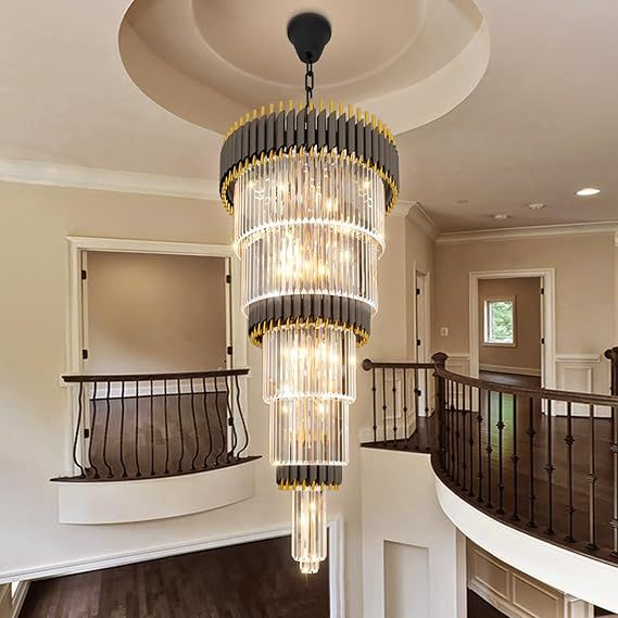 Luxury Black Gold Chandelier for High Ceilings 5-Tier Chandelier for Staircase Foyer Villa Large Farmhouse Crystal Ceiling Lighting D24 in × H79 in