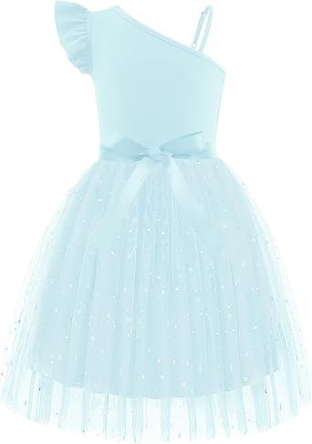 Arshiner Girls Dresses Summer One Shoulder Ruffle Sleeveless Formal Fancy Party Birthday Tulle Dress with Belted