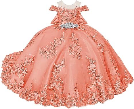 Boatneck Lace Flower Girl Dresses 3D Flower Ball Gown Dresses for Girls Pearly Crystal Girls Pageant Dress