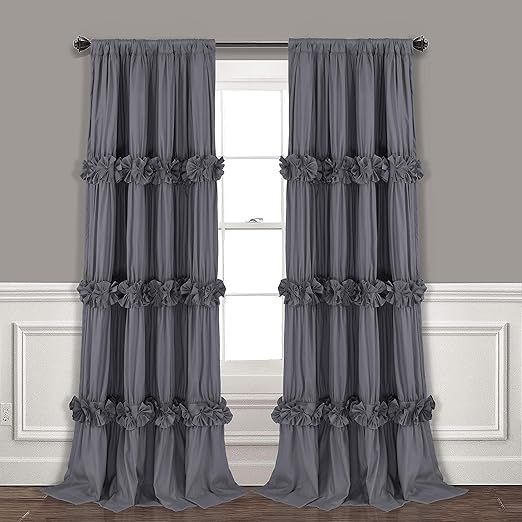 Thermal Insulated Blackout Window Curtains, 54" W x 84" L x 2 Panels, Boho Ruched Window Treatments with 3 Rows of Butterfly Flowers, Rustic Rod Pocket Drapes for Room, Gray (LQ-30)