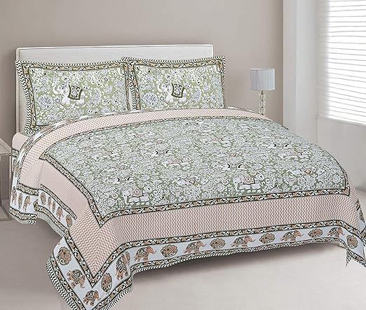 Cotton Printed Bedsheet Set | Soft-Breathable Bedding with Zippered Pillow Covers (Green, King (U.S. Standard))