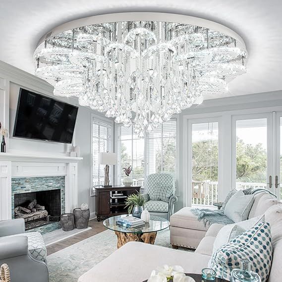 Flashing God W48 Large Crystal Chandelier Crystal Flush Mount LED Ceiling Light Fixture for Living Room Foyer Dining Room Hallway Dimmable 2700k 4500k 6000k