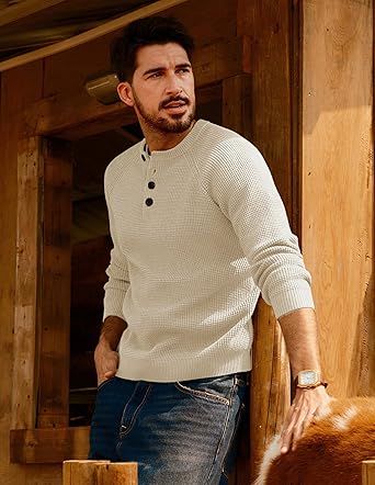 PJ PAUL JONES Mens Sweaters Casual Waffle Pullover Sweater Button Crewneck Textured Knit Henley Sweaters
