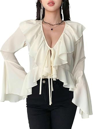 Elegant Solid Color Ruffle Tie Sleeve Blouse Womens Casual Business Fashion Tops