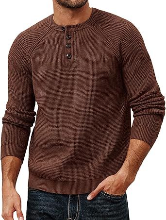 PJ PAUL JONES Mens Sweaters Casual Waffle Pullover Sweater Button Crewneck Textured Knit Henley Sweaters