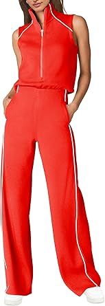 SENSERISE Womens Summer Jumpsuits Dressy Casual Sleeveless Mock Neck Top Wide Leg Pants Romper with Pockets