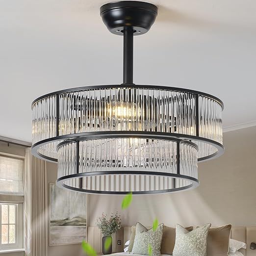 20 Inch Black Crystal Fandelier Ceiling Fan with Light, Mid Century Black Fandelier Ceiling Fans with Lights Remote Control, Caged with 6 Speeds for Bedroom, Nursery, Living Room (US-FS-SJ07)