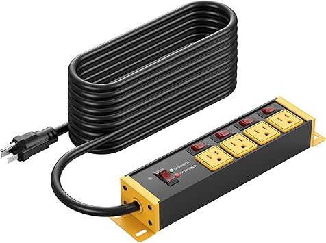 CCCEI 12 Gauge Heavy Duty Long Flat Extension Cord with Multiple Outlets. Surge Protector Power Strip 20 Amp Individual Switches. Garage, Industrial Wall Mount Electric Extender. 50FT, Yellow.