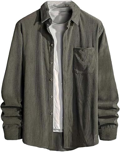 Men's Corduroy Shirt Long Sleeve Casual Button Down Solid Color Lapel Workwear Lightweight Tops