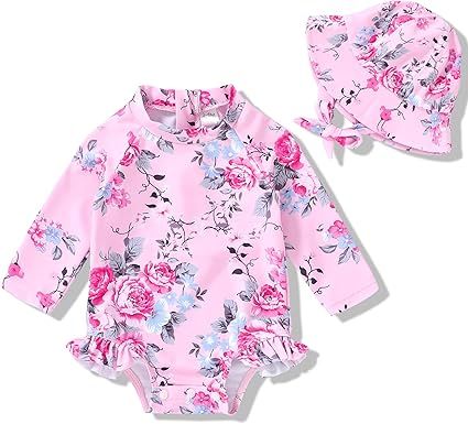 Infant Baby Girl Swimsuit One-Piece Long Sleeve Rash Guard with Hat Set Floral Zipper Bathing Suit Leopard Beach Wear